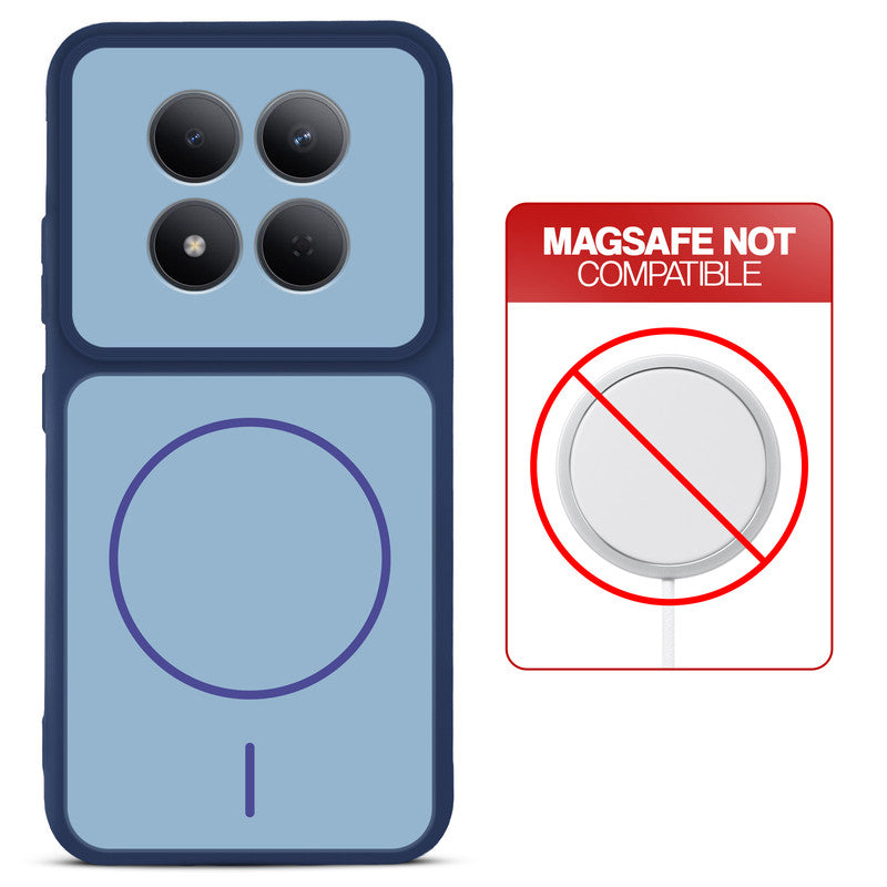 Blue back cover for Redmi Note 15 Pro 5G with printed ring pattern and message showing not compatible with MagSafe charging.