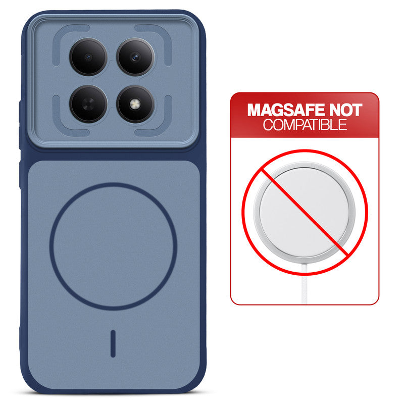Blue back cover for Redmi Note 15 SE 5G with printed ring pattern and message showing not compatible with MagSafe charging.