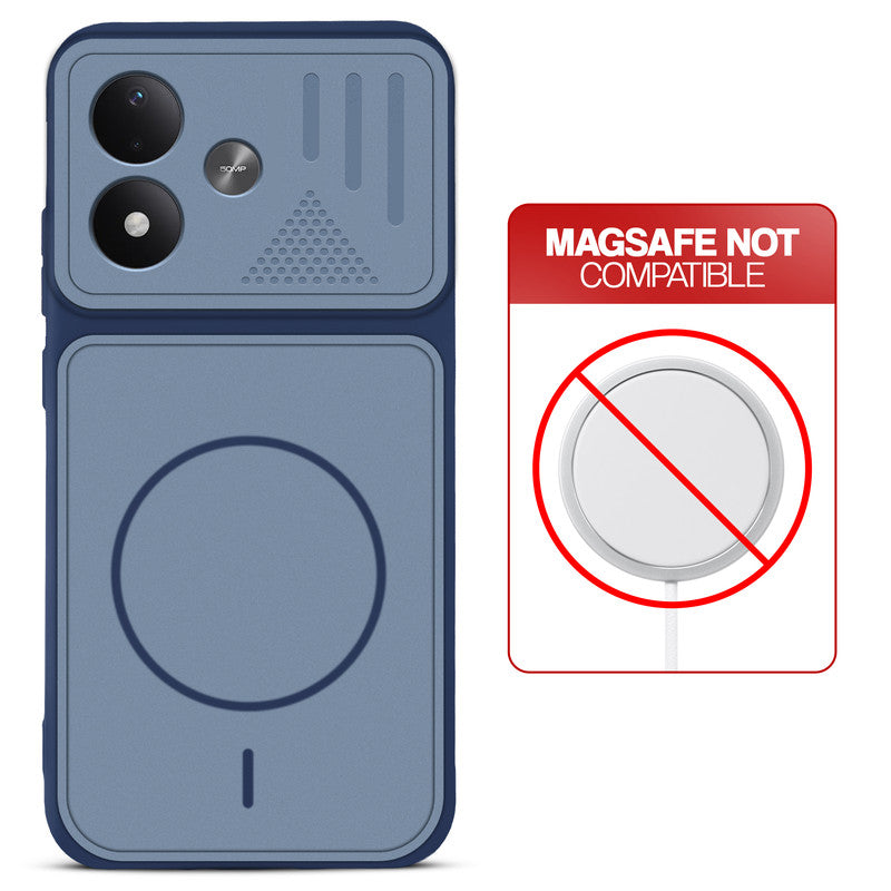 Blue back cover for Redmi Note 17 5G with printed ring pattern and message showing not compatible with MagSafe charging.