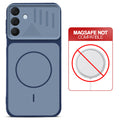 Blue back cover for Samsung A16 5G with printed ring pattern and message showing not compatible with MagSafe charging.