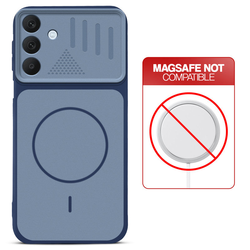 Blue back cover for Samsung A16 5G with printed ring pattern and message showing not compatible with MagSafe charging.