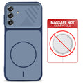 Blue back cover for Samsung A17 5G with printed ring pattern and message showing not compatible with MagSafe charging.