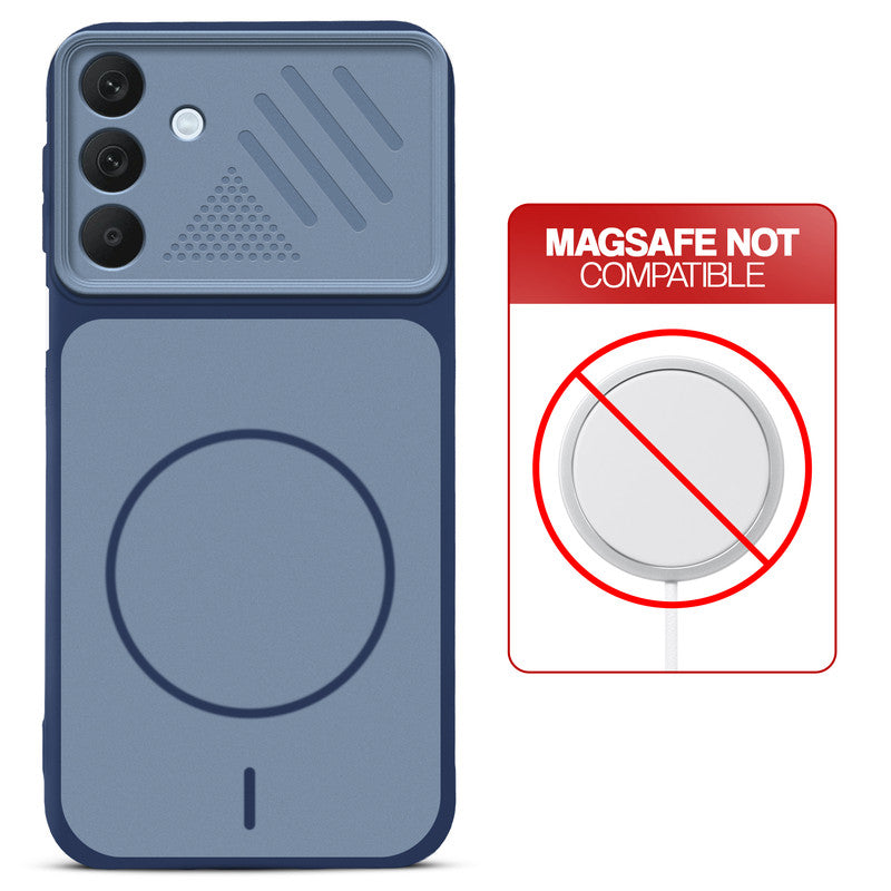 Blue back cover for Samsung A26 5G with printed ring pattern and message showing not compatible with MagSafe charging.