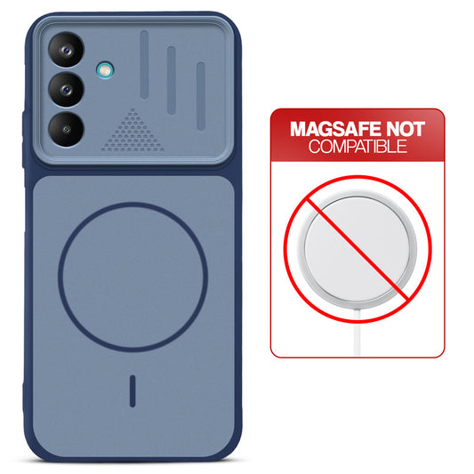 Blue back cover for Samsung A27 5G with printed ring pattern and message showing not compatible with MagSafe charging.
