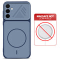 Blue back cover for Samsung A36 5G with printed ring pattern and message showing not compatible with MagSafe charging.