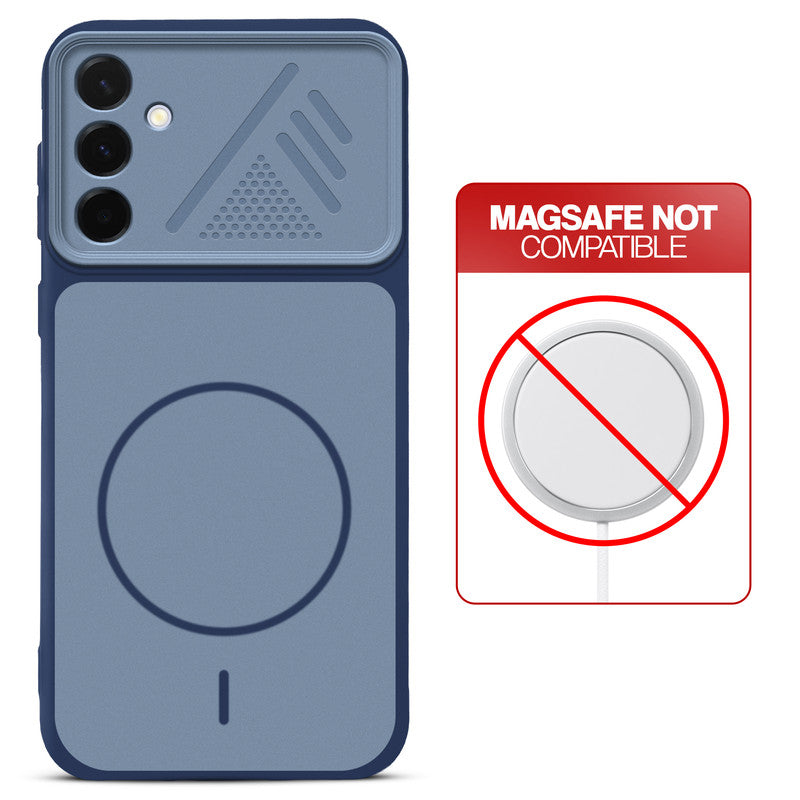 Blue back cover for Samsung A36 5G with printed ring pattern and message showing not compatible with MagSafe charging.