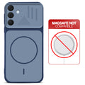 Blue back cover for Samsung A37 5G with printed ring pattern and message showing not compatible with MagSafe charging.