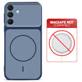 Blue back cover for Samsung A57 5G with printed ring pattern and message showing not compatible with MagSafe charging.