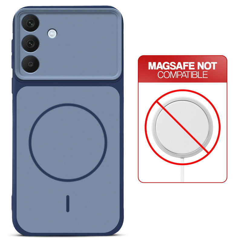 Blue back cover for Samsung A57 5G with printed ring pattern and message showing not compatible with MagSafe charging.
