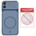 Blue back cover for Samsung F70e 5G with printed ring pattern and message showing not compatible with MagSafe charging.