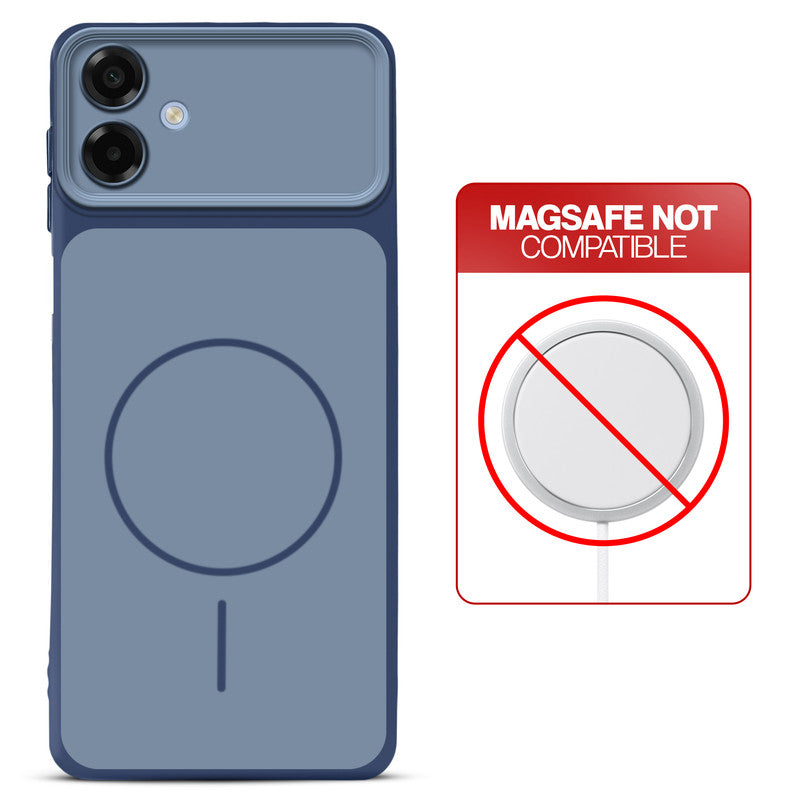 Dual tone silicone Blue phone cover for Samsung F70e 5G showing wireless charging not supported notice
