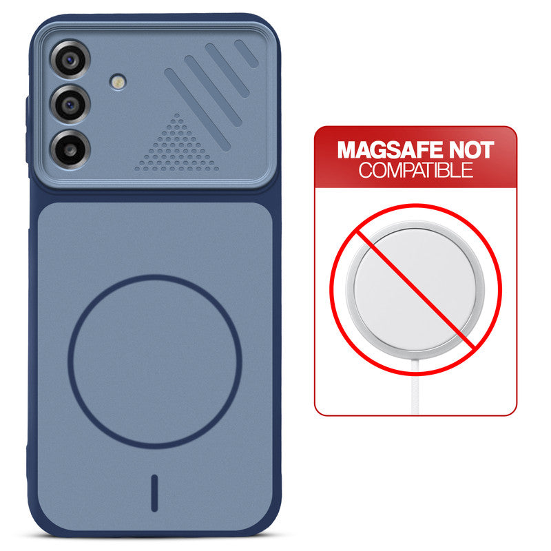 Blue back cover forSamsung M17 5G with printed ring pattern and message showing not compatible with MagSafe charging.