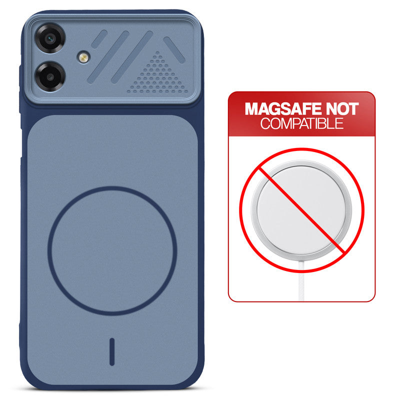 Blue back cover for Samsung M17e 5G with printed ring pattern and message showing not compatible with MagSafe charging.