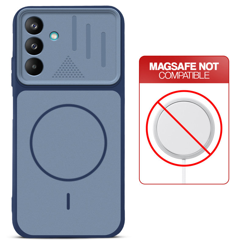 Blue back cover for Samsung M47 5G with printed ring pattern and message showing not compatible with MagSafe charging.