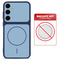 Blue back cover for Samsung S24 FE 5G with printed ring pattern and message showing not compatible with MagSafe charging.