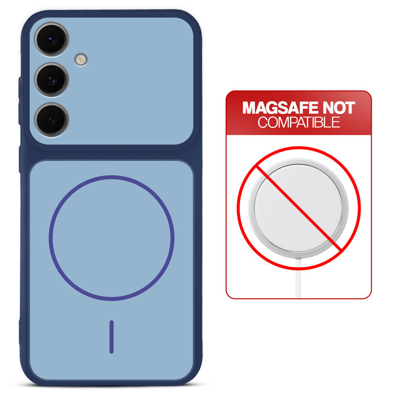 Blue back cover for Samsung S24 FE 5G with printed ring pattern and message showing not compatible with MagSafe charging.