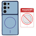 Blue back cover for Samsung S24 Ultra 5G with printed ring pattern and message showing not compatible with MagSafe charging.