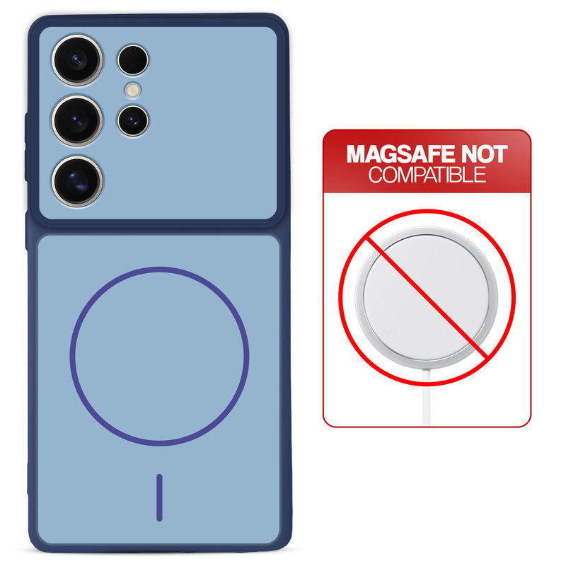 Blue back cover for Samsung S24 Ultra 5G with printed ring pattern and message showing not compatible with MagSafe charging.