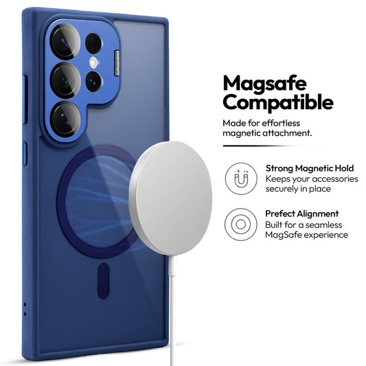 Samsung S25 Ultra 5G Case with MagSafe Compatibility, Flip-Open Camera Cover Stand, Glossy Glass Back & Metallic Buttons