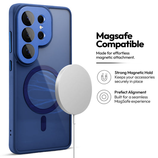 Samsung S26 Ultra 5G Case with MagSafe Compatibility, Flip-Open Camera Cover Stand, Glossy Glass Back & Metallic Buttons