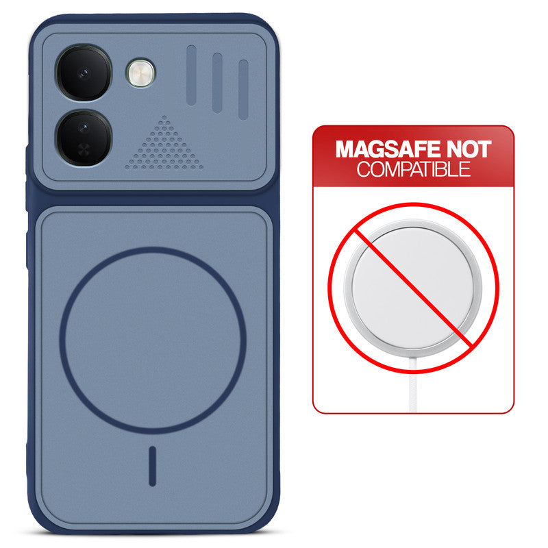 Blue back cover for Vivo S2 FE 5G with printed ring pattern and message showing not compatible with MagSafe charging.