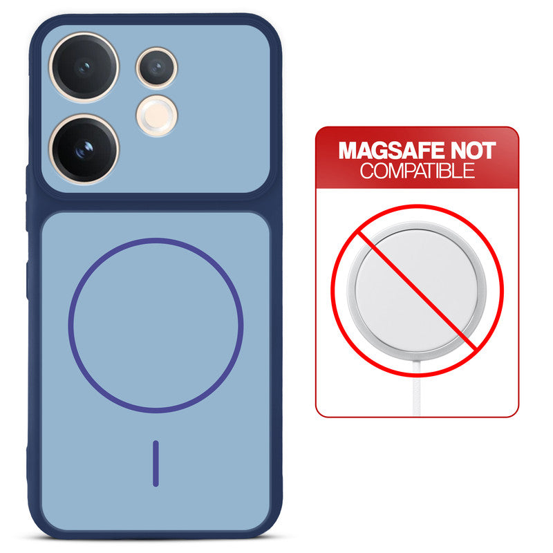 Blue back cover for Vivo T4 Pro 5G with printed ring pattern and message showing not compatible with MagSafe charging.