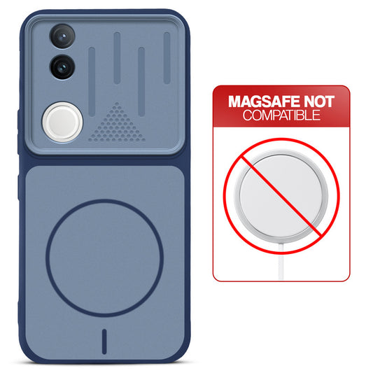 Blue back cover for Vivo T4R 5G with printed ring pattern and message showing not compatible with MagSafe charging.