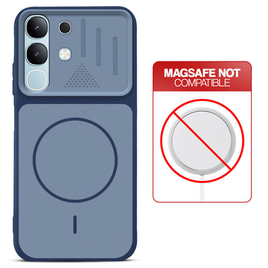 Blue back cover for Vivo T4x 5G with printed ring pattern and message showing not compatible with MagSafe charging.