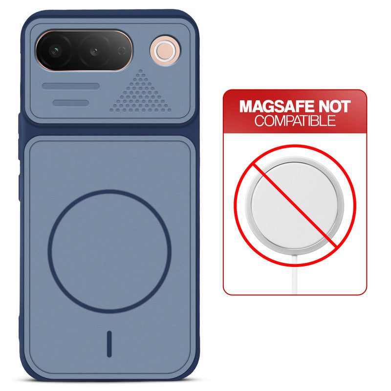 Blue back cover for Vivo T5 5G with printed ring pattern and message showing not compatible with MagSafe charging.