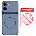 Blue back cover for Vivo T5 Lite 5G with printed ring pattern and message showing not compatible with MagSafe charging.