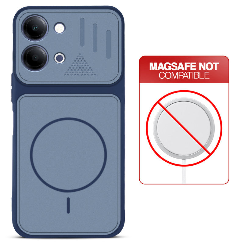Blue back cover for Vivo T5 Lite 5G with printed ring pattern and message showing not compatible with MagSafe charging.