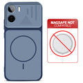 Blue back cover for Vivo T5 Pro 5G with printed ring pattern and message showing not compatible with MagSafe charging.