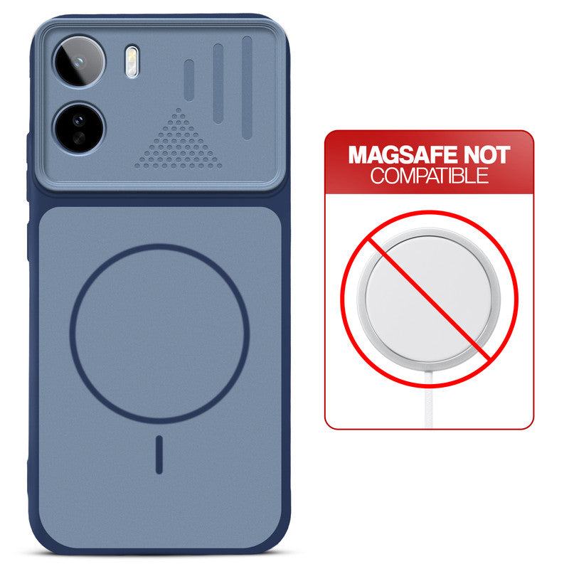 Blue back cover for Vivo T5 Pro 5G with printed ring pattern and message showing not compatible with MagSafe charging.