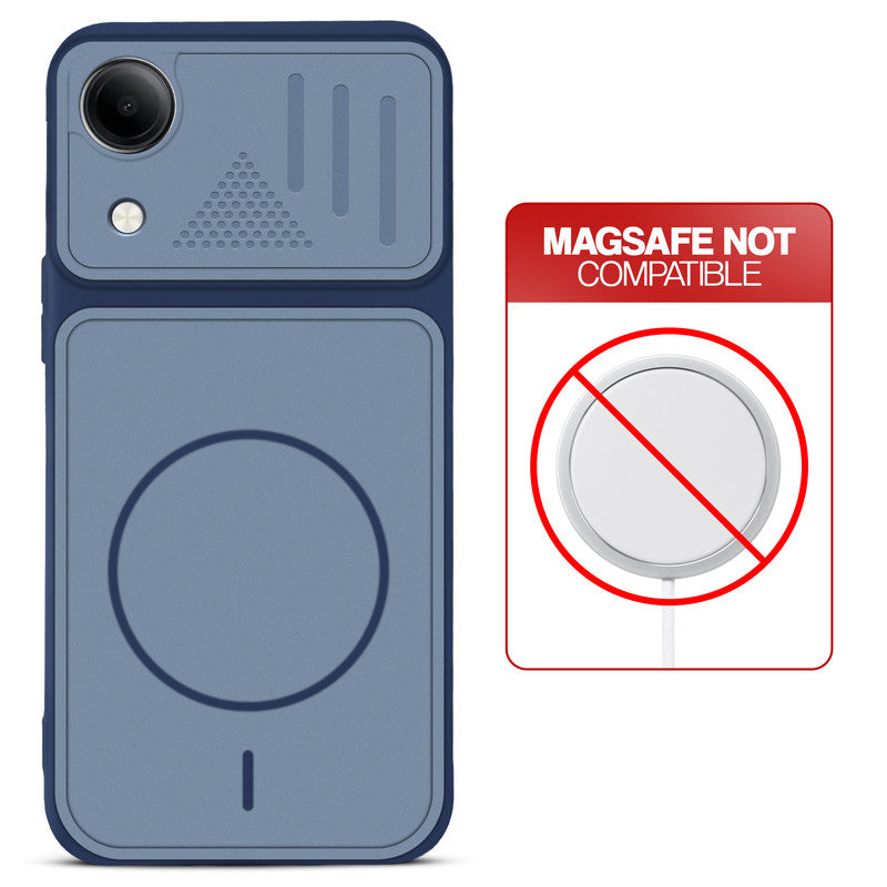 Blue back cover for Vivo T5e 5G with printed ring pattern and message showing not compatible with MagSafe charging.