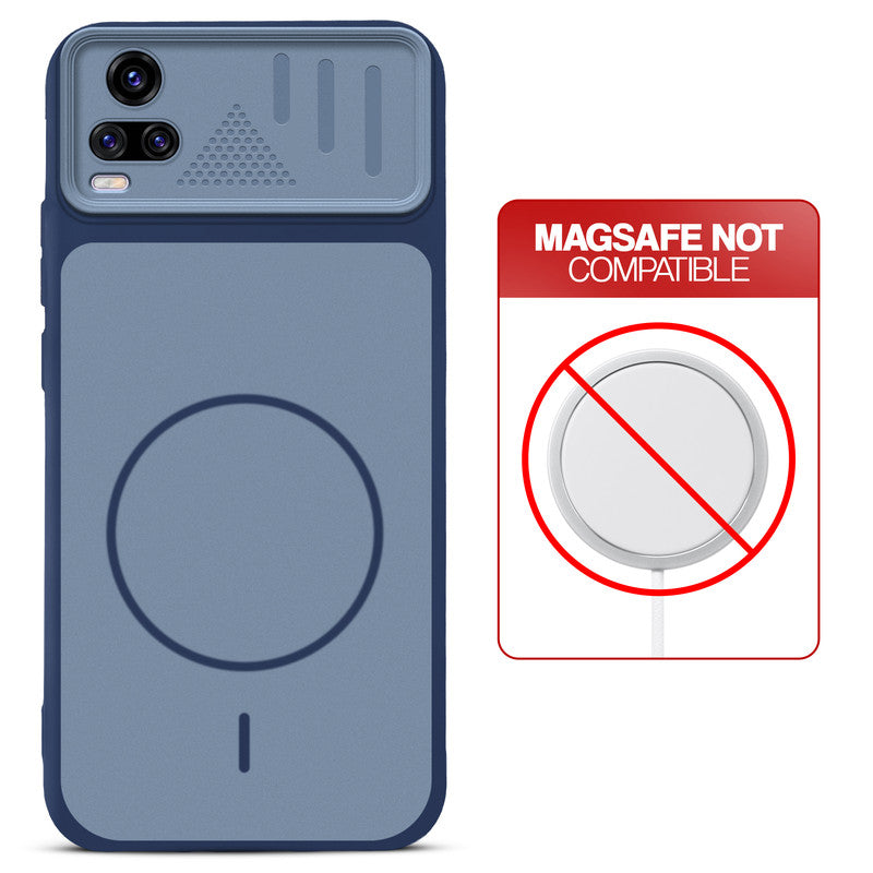 Blue back cover for Vivo V20 with printed ring pattern and message showing not compatible with MagSafe charging.