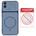 Blue back cover for Vivo V21e 5G with printed ring pattern and message showing not compatible with MagSafe charging.