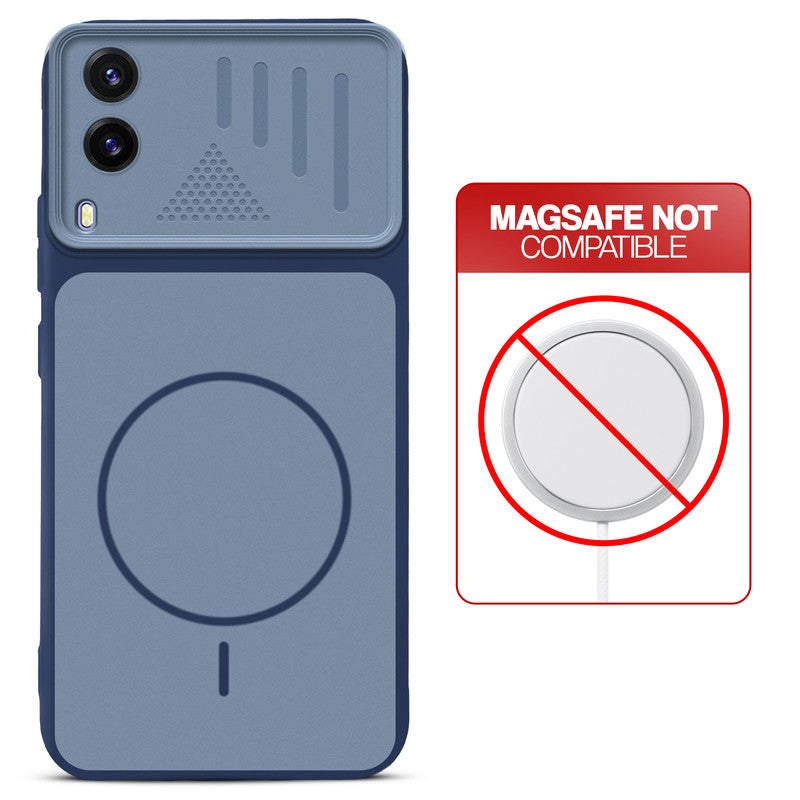 Blue back cover for Vivo V21e 5G with printed ring pattern and message showing not compatible with MagSafe charging.