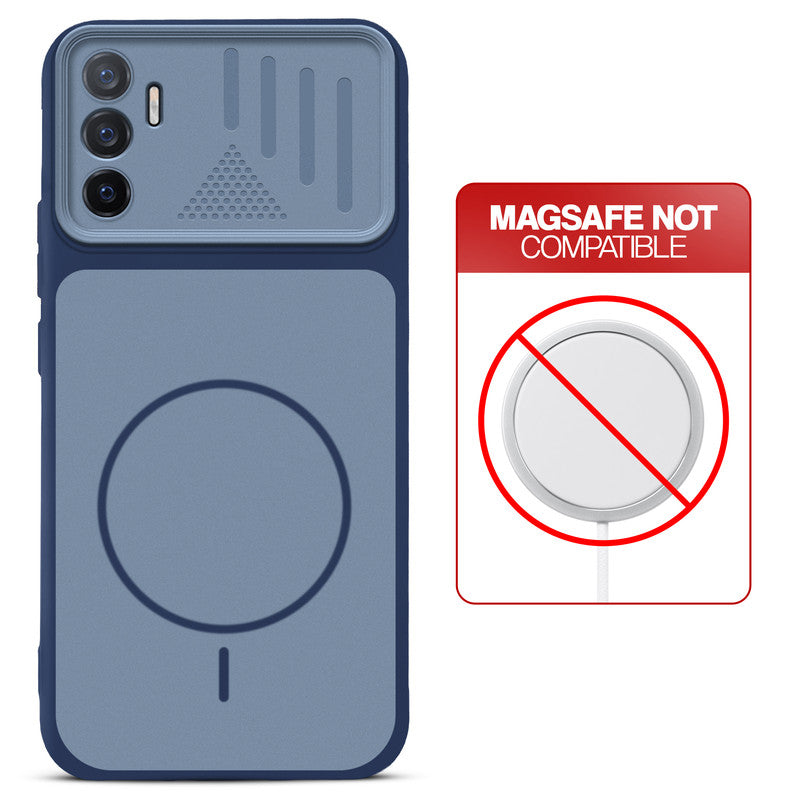 Blue back cover for Vivo V23e 5G with printed ring pattern and message showing not compatible with MagSafe charging.