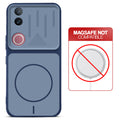 Blue back cover for Vivo V50 5G with printed ring pattern and message showing not compatible with MagSafe charging.