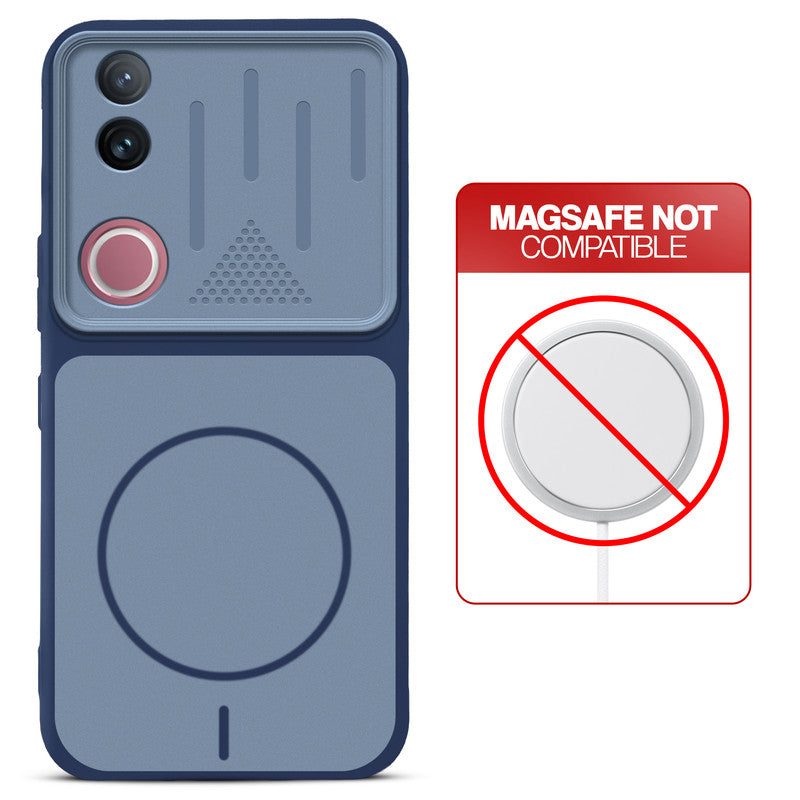Blue back cover for Vivo V50 5G with printed ring pattern and message showing not compatible with MagSafe charging.
