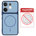 Blue back cover for Vivo V60 5G with printed ring pattern and message showing not compatible with MagSafe charging.