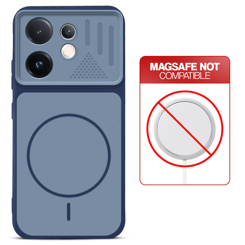 Blue back cover for Vivo V60E 5G with printed ring pattern and message showing not compatible with MagSafe charging.