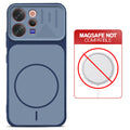Blue back cover for Vivo V70 Elite 5G with printed ring pattern and message showing not compatible with MagSafe charging.