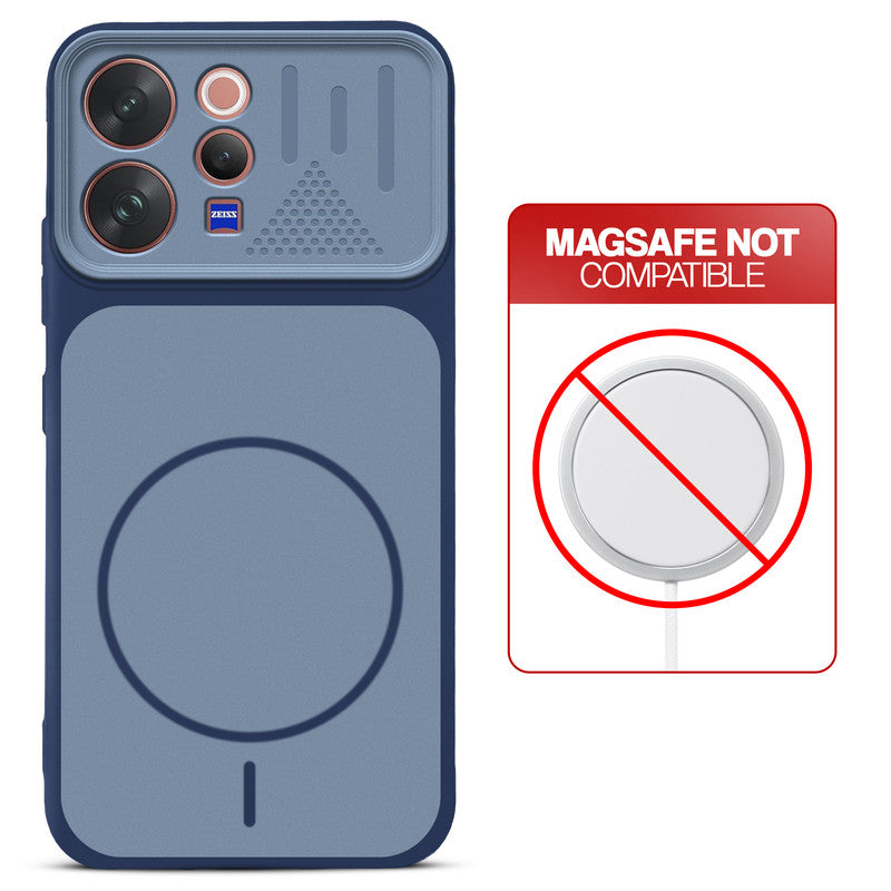 Blue back cover for Vivo V70 Elite 5G with printed ring pattern and message showing not compatible with MagSafe charging.