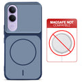 Blue back cover for Vivo V70 FE 5G with printed ring pattern and message showing not compatible with MagSafe charging.