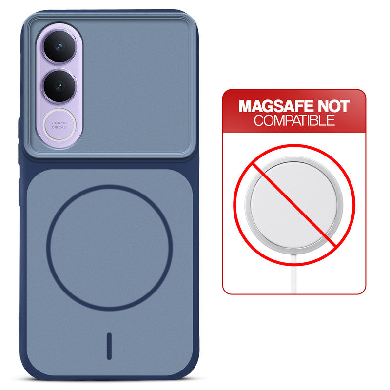 Blue back cover for Vivo V70 FE 5G with printed ring pattern and message showing not compatible with MagSafe charging.