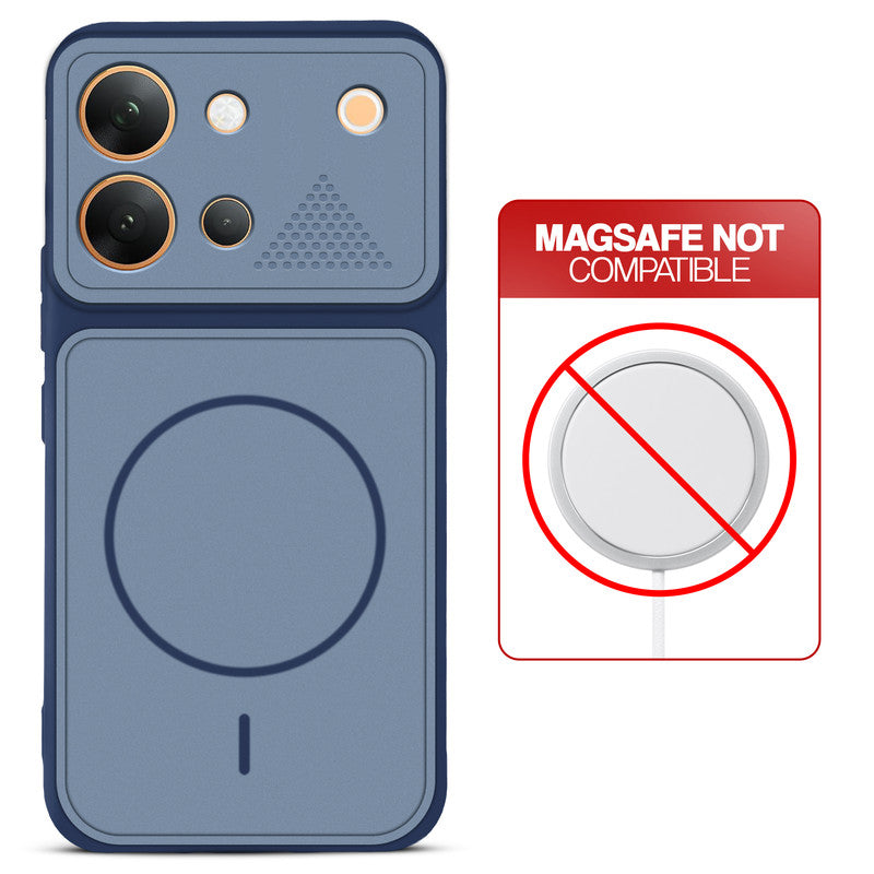 Blue back cover for Vivo V80 5G with printed ring pattern and message showing not compatible with MagSafe charging.
