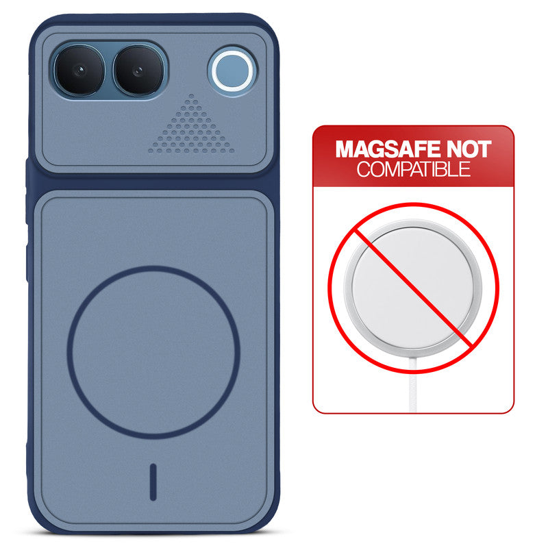 Blue back cover for Vivo V80 Lite 5G with printed ring pattern and message showing not compatible with MagSafe charging.