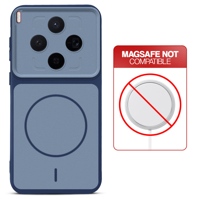 Blue back cover forMotorola Vivo X300 5G with printed ring pattern and message showing not compatible with MagSafe charging.