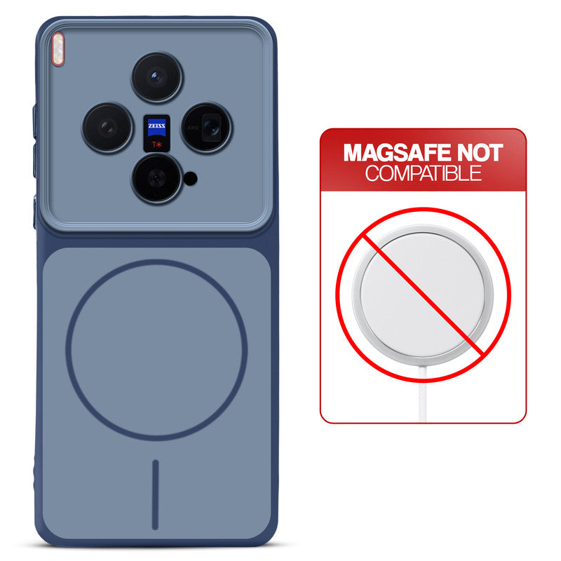 Dual tone silicone Blue phone cover for Vivo X300 5G showing wireless charging not supported notice